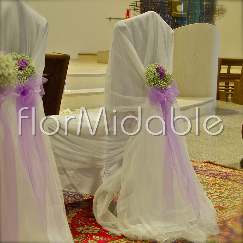 Wedding ceremony flower decorations purple wedding chairs